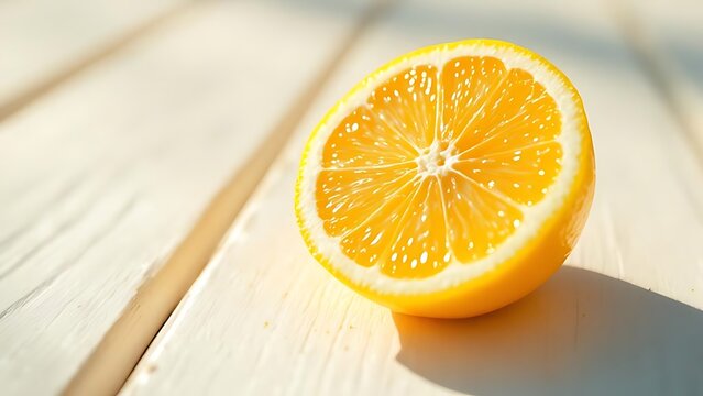 Close-up of a juicy lemon half casting a soft shadow on white surface. Ideal for food, health, freshness, summer concept, or citrus product marketing visuals