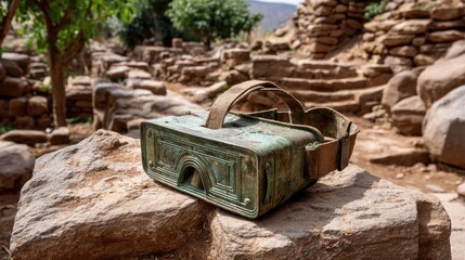 Vintage vr headset on ancient ruins