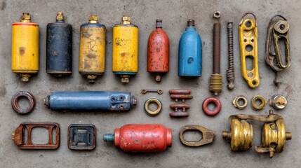 Motor repair components lying flat and unassembled on a dusty grey shop background