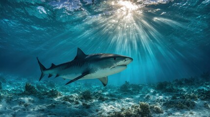 Mysterious view of shark beneath the waves with sunbeams piercing from above