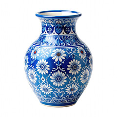 A beautifully decorated blue vase with intricate floral patterns and a classic shape. cut out. transparent background