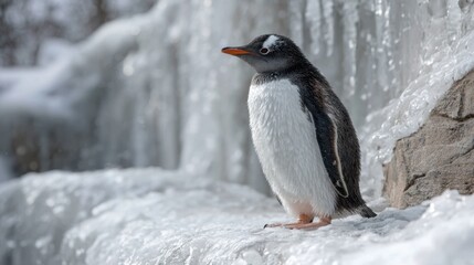 Penguin standing at edge of viewing glass with icy wall in the background