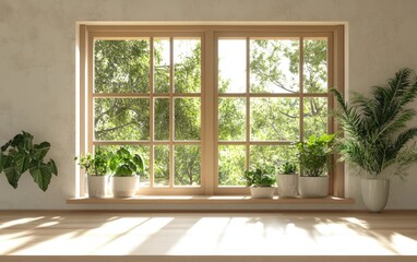 Sunlight streams through a window, illuminating potted plants on a wooden sill