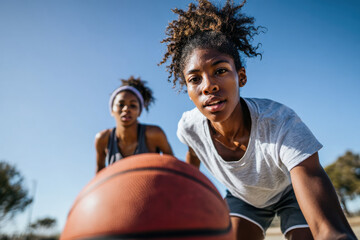 teenage girls playing basketball on a sport's field, outdoors in nature