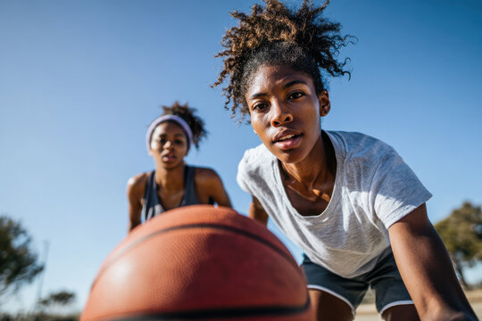 teenage girls playing basketball on a sport's field, outdoors in nature