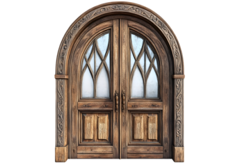 Exquisite arched wooden doors with ornate carvings and glass panels showcase craftsmanship