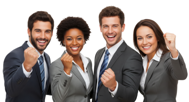 Group of 4 smart business people celebrating success on a white or transparent background