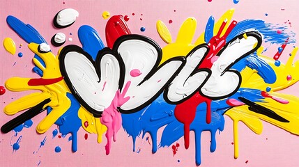 Vibrant Abstract Graffiti Art with Bold White Lettering on a Textured Pink Background Featuring Splashes of Yellow Blue and Red Paint