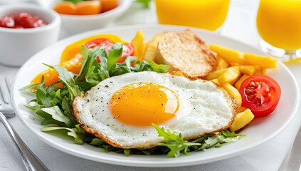 Scrumptious breakfast plate with fried egg, arugula, tomatoes, and french fries