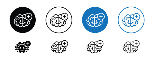 Set of colored pixel perfect Brain health icon, 1 silhouette, 1 unexpanded, Icon depicting brain with heart or plus sign for mental wellness.