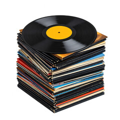 A stack of vinyl records with a prominent black record on top featuring a yellow center label. cut out. transparent background