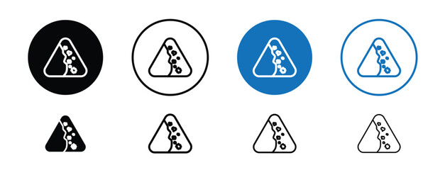 Set of colored pixel perfect Falling rocks icon, 1 silhouette, 1 unexpanded, Road sign icon warning about rockfall hazard.