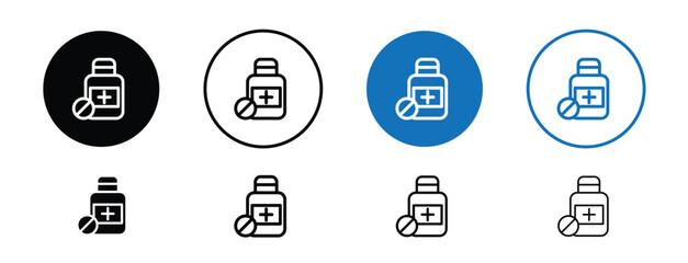 Set of colored pixel perfect Medication icon, 1 silhouette, 1 unexpanded, Icon showing pills or medicine bottle.