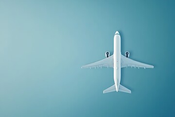 Overhead view of a white airplane model on a light teal background