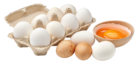 Egg Carton with Broken Egg and Brown Eggs, Isolated on Transparent Background, Poultry, Food, Agriculture, Eggs, Farm Fresh, Breakfast
