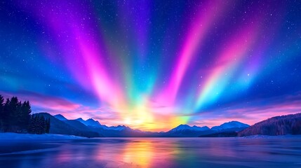 Vibrant Aurora Borealis Shimmers Above Snowy Mountain Range at Twilight Reflecting on Frozen Lake During Winter Season in Cold Northern Landscape