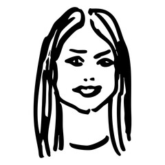 Happy smiling face of a young pretty girl with loose hair. Funny female portrait. Hand drawn linear doodle rough sketch. Black and white silhouette.