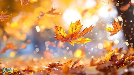 Vibrant Autumn Forest with Colorful Leaves Falling Background in Bokeh Sunlight Scenic Nature Outdoor Background with Golden Foliage and Ornate Leaf Design