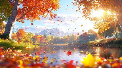 Vibrant Autumn Forest with Falling Leaves Reflecting in Calm River Under Bright Sunlight Colorful Foliage Creates Scenic Landscape