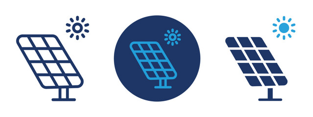 Set of colored pixel perfect Solar power icon, 1 silhouette, 1 unexpanded, Solar panel with sun rays icon for clean energy.