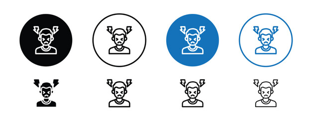 Set of colored pixel perfect Stress icon, 1 silhouette, 1 unexpanded, Head with tension lines or lightning to show stress.