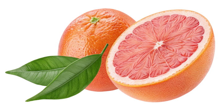 Fresh Grapefruit with Leaves, Half and Whole, Isolated on Transparent Background, Citrus Fruit, Healthy Food, Grapefruit, Fruit, PNG