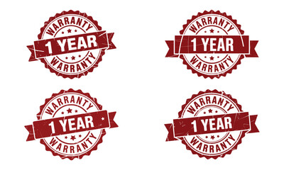 Obraz premium Red warranty badge illustrations with 1 year text and vintage vector emblem style 