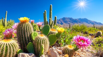 Vibrant Cactus Flowers Blooming in Desert Landscape under Blue Sky with Mountain Backdrop Bright Sunlight
