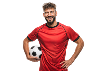 Smiling male soccer player in red jersey holding football confidently isolated on transparent background