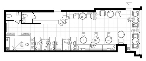 Cafe plan in top view. Floor plan of small restaurant. Arrangement of furniture in the catering interior. Bar design project
