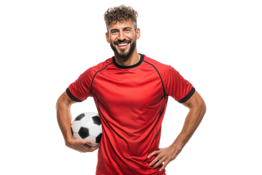 Smiling male soccer player in red jersey holding football confidently isolated on transparent background