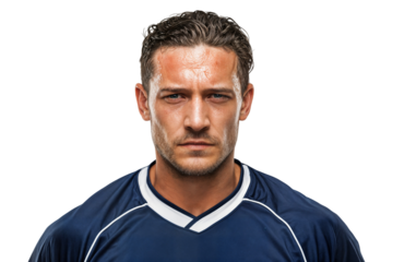 Determined sweaty male athlete with intense gaze wearing sports jersey isolated on transparent background