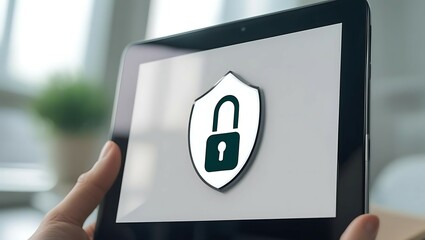 Blockchain in Healthcare Concept, close-up view of a digital tablet displaying a secured medical record icon, emphasizing data security and privacy in a modern setting.