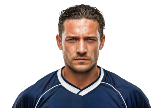 Determined sweaty male athlete with intense gaze wearing sports jersey isolated on transparent background