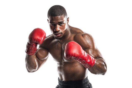 Focused male boxer with red gloves in fighting stance showing muscular body and intense expression isolated on transparent background