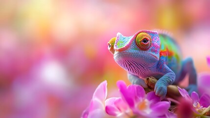 Vibrant Chameleon Climbing Branch Blending with Pink Flowers in Tropical Wildlife Setting