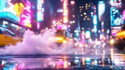 Vibrant City Street at Night with Neon Lights Reflecting off Wet Asphalt Featuring Taxi Cabs and Vaporous Smog in an Urban Setting