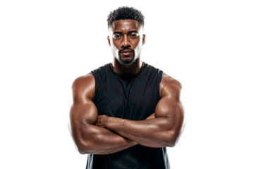 Confident muscular man in black sleeveless shirt with arms crossed looking at camera isolated on transparent background