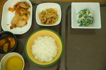 低カロリー減塩病院食（ご飯、チキンソテー、切り干し大根、ナスの味噌汁、ほうれん草のあえ物）
