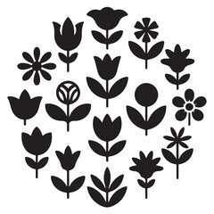 Graphic Flower and Leaves Icons.Flowers icon set. Flowers isolated on transparent background.