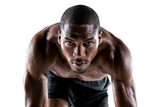 Focused male sprinter in starting position ready to race showing muscular physique isolated on transparent background