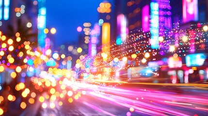 Vibrant Cityscape at Night with Streaks of Light and Blurred Motion in an Urban Bokeh Background