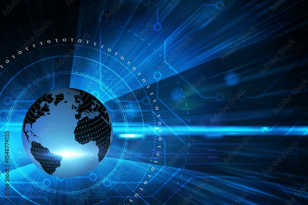 Poster digital earth globe shining in futuristic flat design, featuring binary ring and circuit patterns