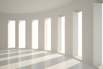 Seven tall narrow windows are casting light bands across floor and curved wall in flat design