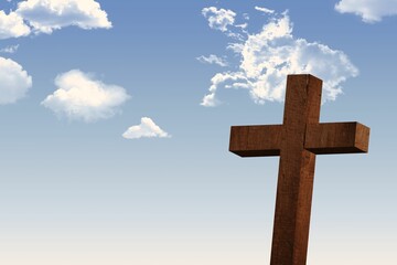 Wooden cross is standing against gradient blue sky with scattered white clouds in flat design