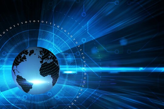 Naklejki Digital Earth globe shining in futuristic flat design, featuring binary ring and circuit patterns