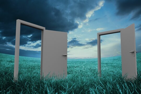 Fototapeta Open doors on turquoise grass against cloudy sky