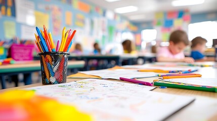 Vibrant Classroom Scene Featuring Colorful Art Supplies and Children Learning with Desks Adorned with Drawings and Bright Posters on the Wall