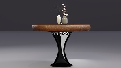 3d rendered of a round wooden table with a modern black pedestal base, decorated with minimalist ceramic vases and cotton flower branches.