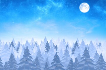 Dense snow-covered pine trees are stretching under full moon and starry sky in flat design forest